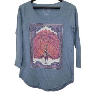 Lucky Brand Heather Blue Long Sleeve Peacock Print Top Size Small